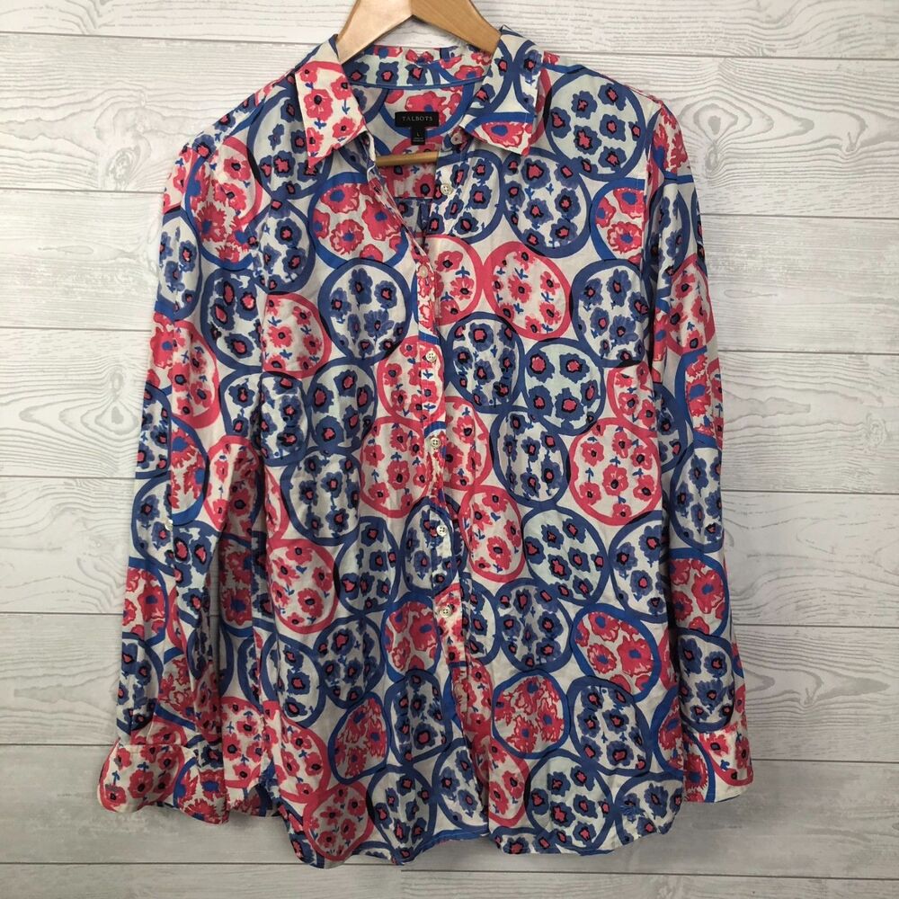 Talbot's Women's Large Printed Long Sleeve Button Front Shirt 100% Cotton Top